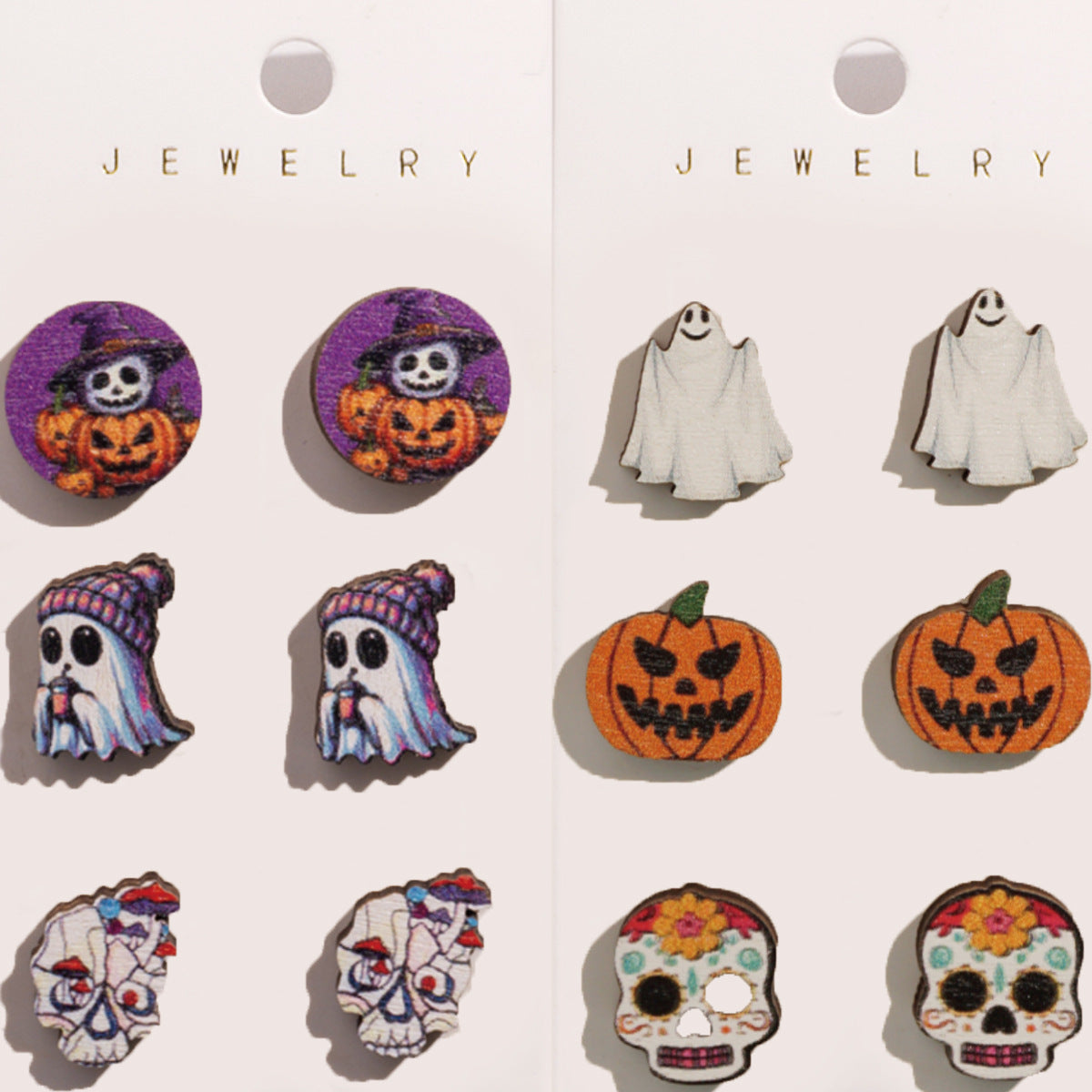 Conjunto de pendientes de madera con forma de calabaza fantasma y diablillo con temática de Halloween y postes de acero inoxidable