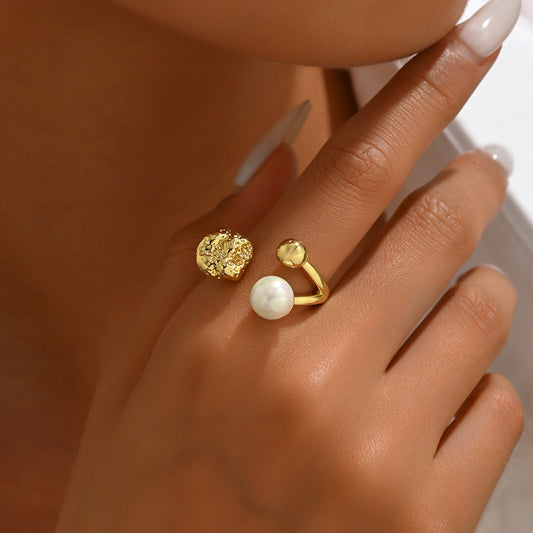 Anillo de Cobre para Mujer con Incrustaciones de Perlas, Diseño Geométrico de Oficina, Anillo Abierto Ajustable
