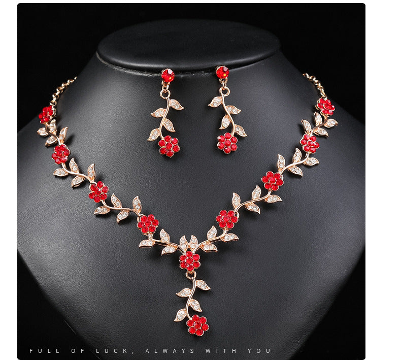Vintage Retro Flower Shape Alloy Necklace and Earring Set with Colorful Rhinestone Inlay