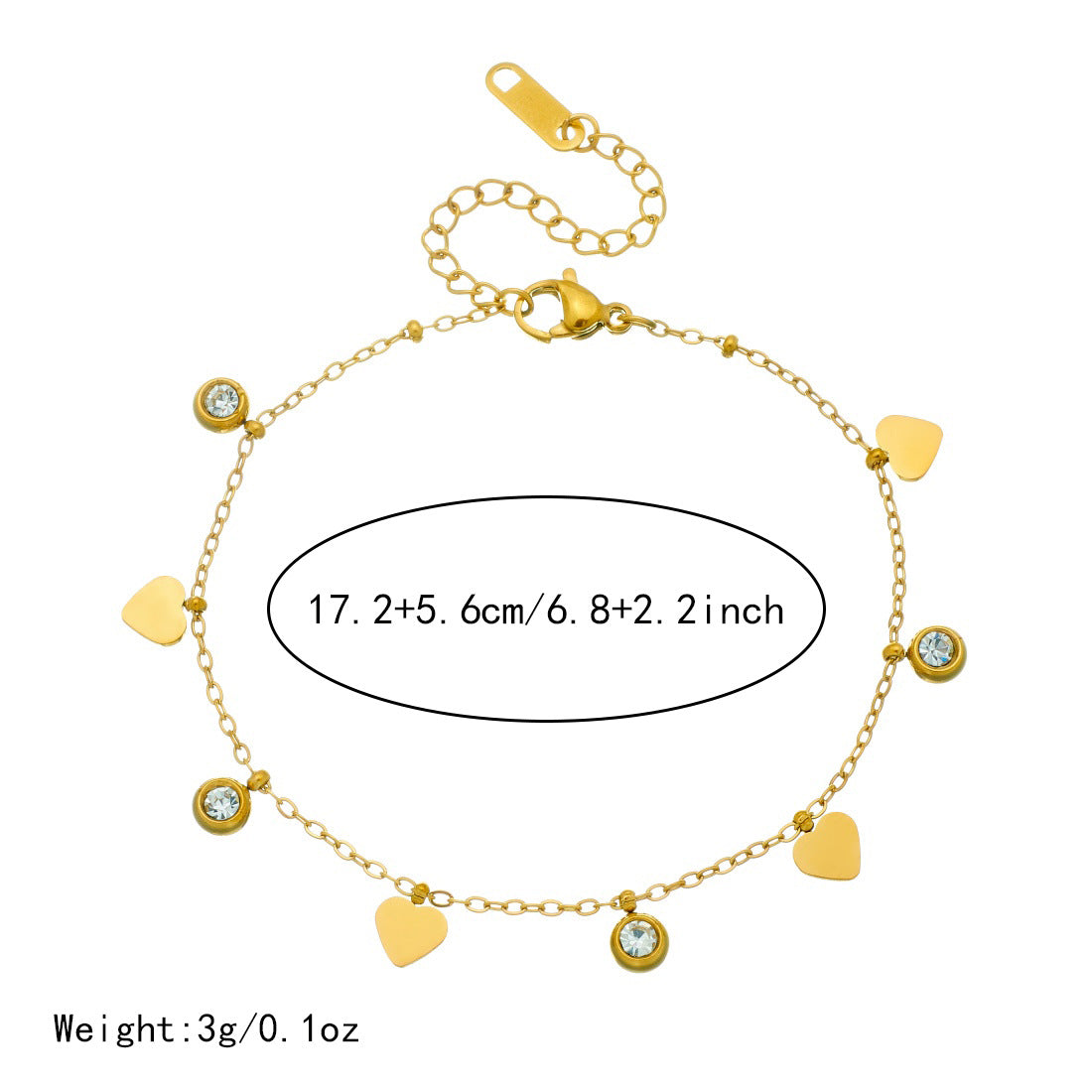 Minimalist Gold Plated Stainless Steel Round Heart Rhinestone Pendant Chain Bracelet for Women