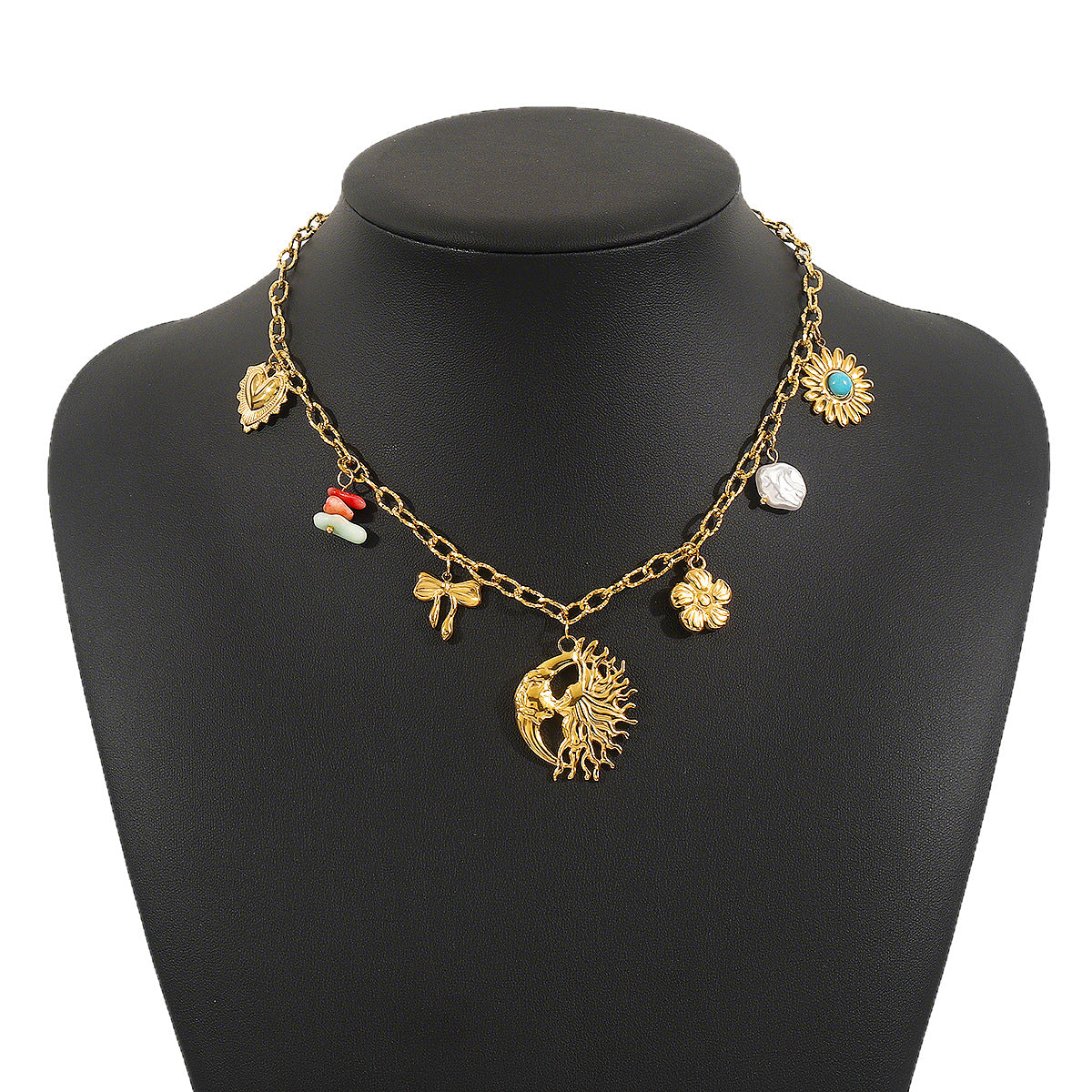 Collana da donna vintage in acciaio inossidabile con pendente Sole Luna Stella, finitura placcata e catena a maglie O