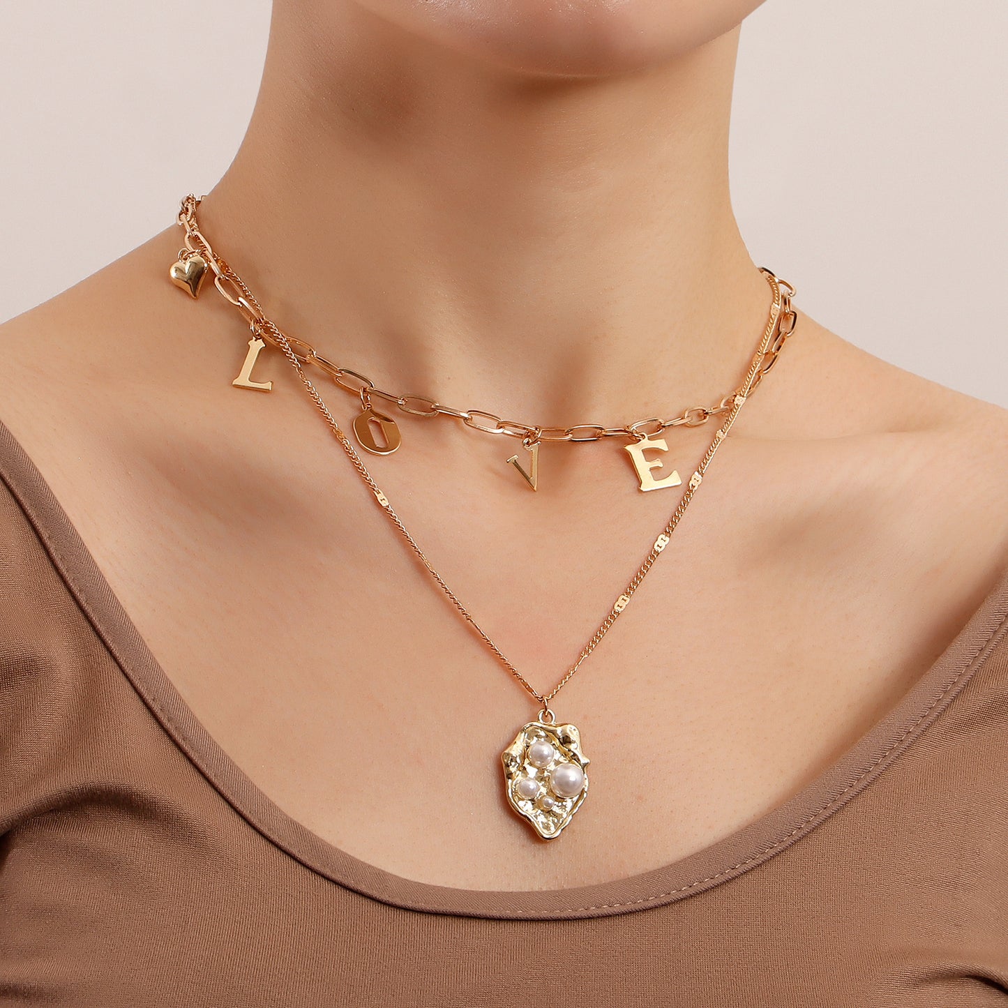 Minimalist and Bold LOVE Letter Layered Necklace with Pearl Pendant in Alloy with Plated Finish