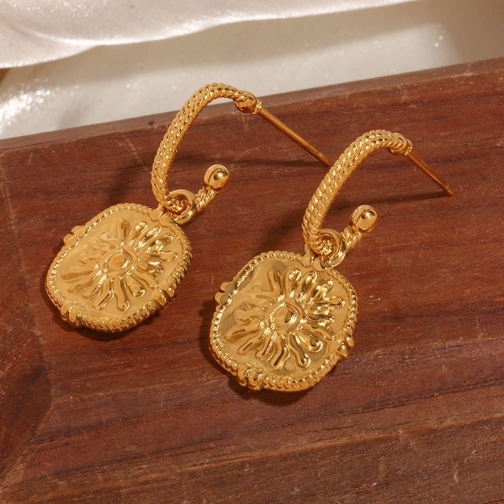 Minimalist Retro Geometric Stainless Steel Earrings with 18K Gold Plating and Sun Texture for Women