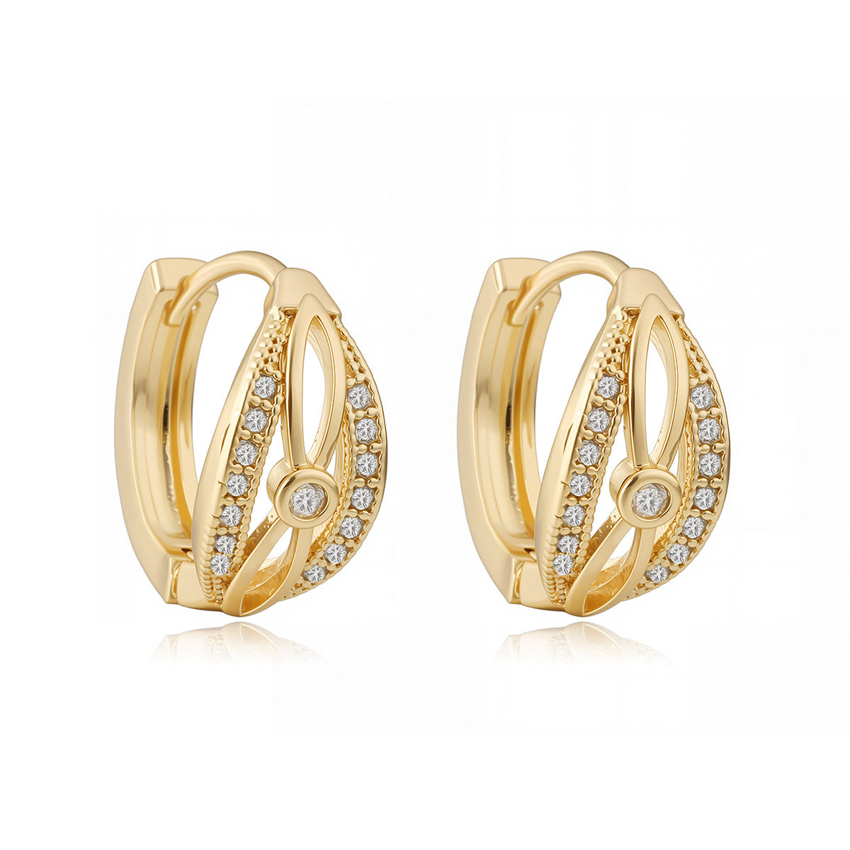 Geometric Hollow-Out Fashion Earrings for Women in Copper with Real Gold Plating and Zircon Inlay