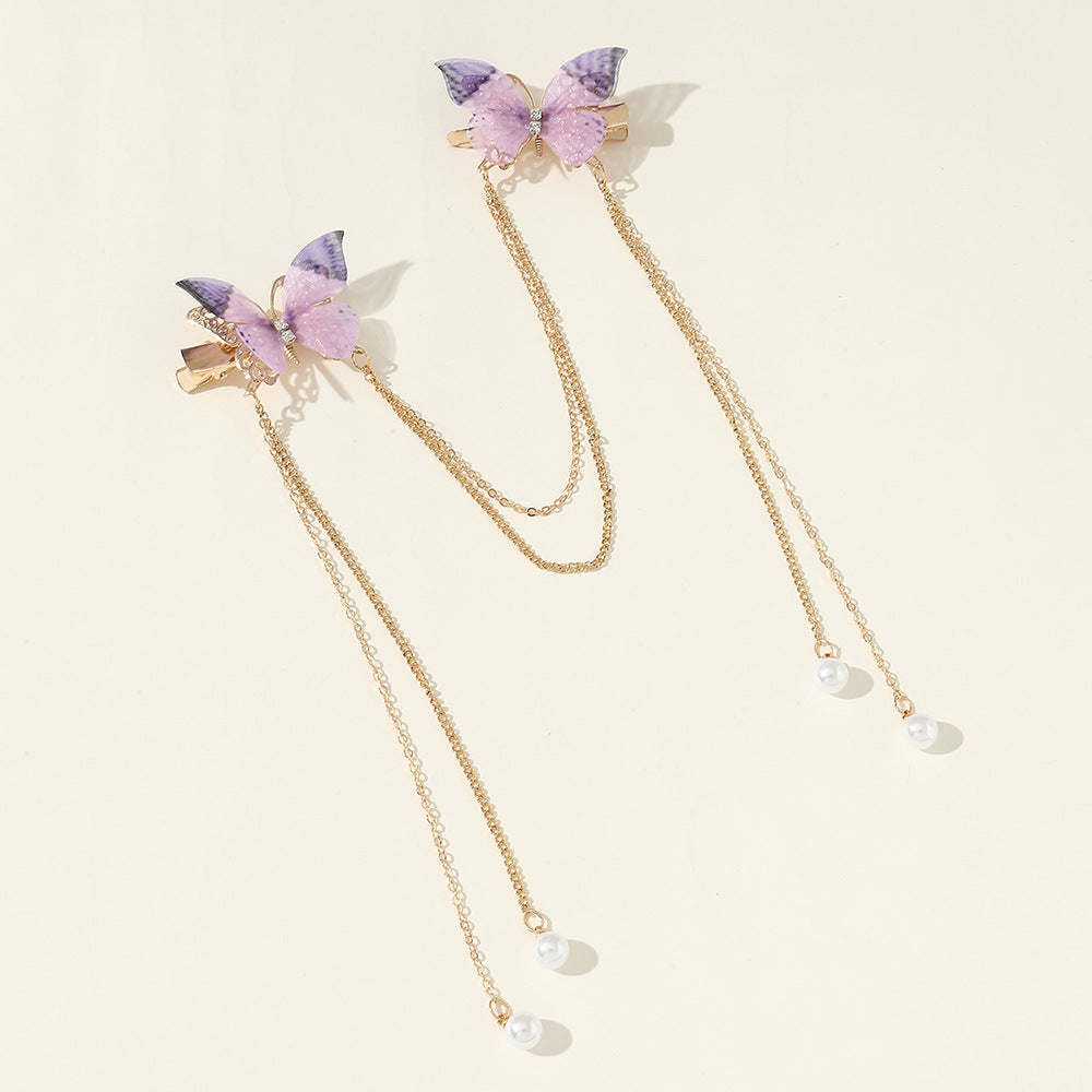 Ancient Chinese Style Butterfly Hairpin Set with Pearl Dangling Tassels for Girls, Metal Hair Clips with Delicate Flowing Fringe