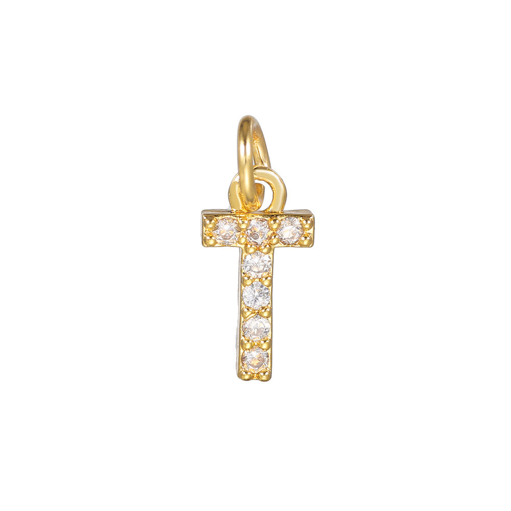 14K Gold Plated Brass Letter Pendant with Cubic Zirconia Charm Bar