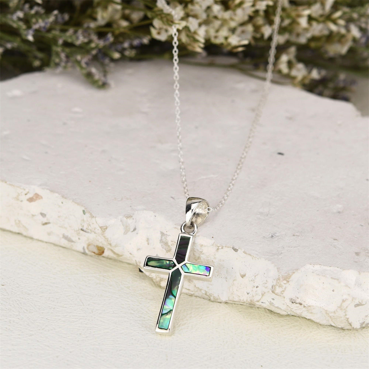 Natural Style Rainbow-Colored Cross Pendant Necklace in Stainless Steel with Abalone Shell Inlay for Women