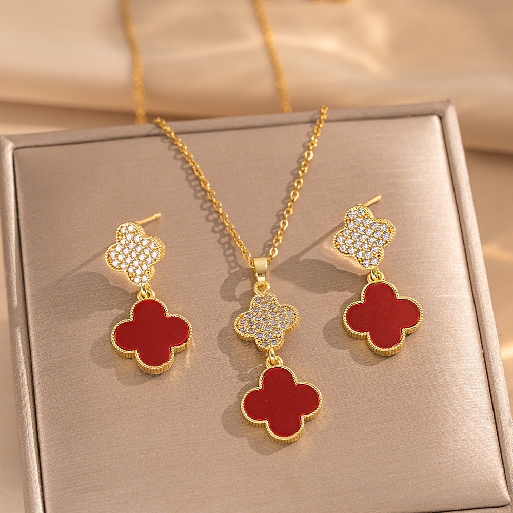 Set di Collana e Orecchini con Ciondolo a Goccia a Cuore Minimalista di Lusso in Acciaio al Titanio con Intarsi di Strass e Placcatura in Oro su Catena a O