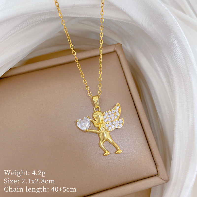 Sweet Minimalist Animal Shape Brass Pendant with Cubic Zirconia Inlay Titanium Steel Necklace for Unisex