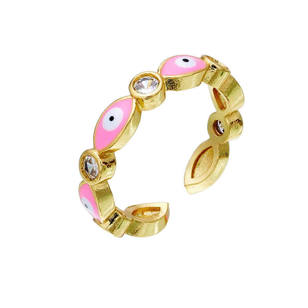 Anello Aperto con Occhio di Allah Geometrico Casual da Donna con Base in Rame Placcata in Oro 18 carati e Zirconia Micro-Incastonata con Finitura Smaltata