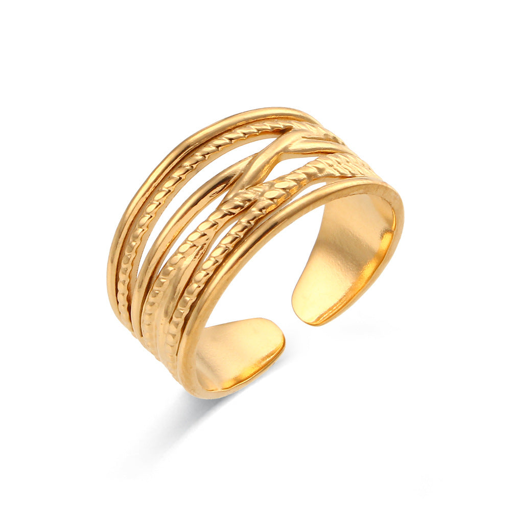 Anillo abierto trenzado de acero inoxidable calado geométrico a la moda para mujer con acabado chapado