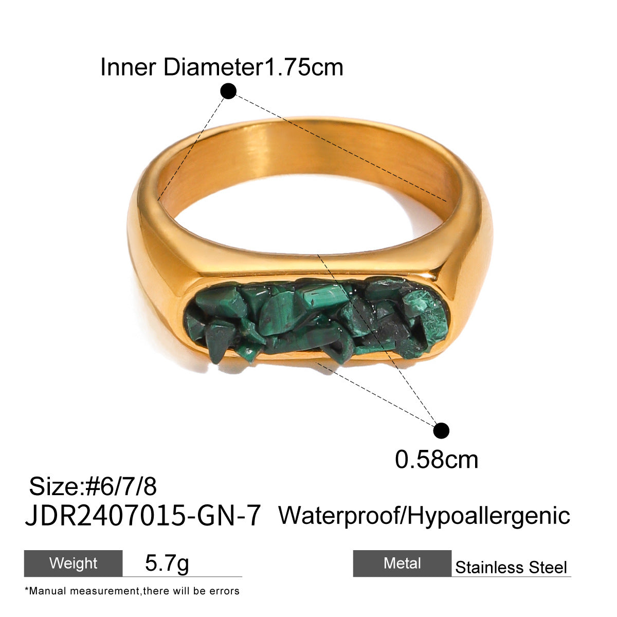 Square Plated Stainless Steel Ring with Natural Gemstone for Women