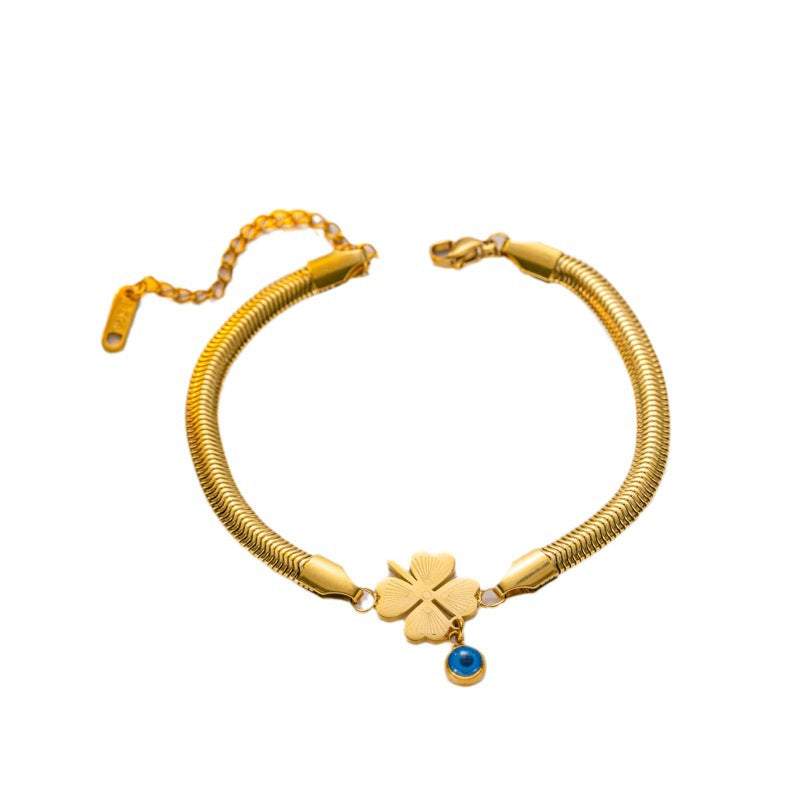 Bracciale a catena a serpente in acciaio al titanio placcato oro 18 carati con cuore e occhio blu per donna, moda OL