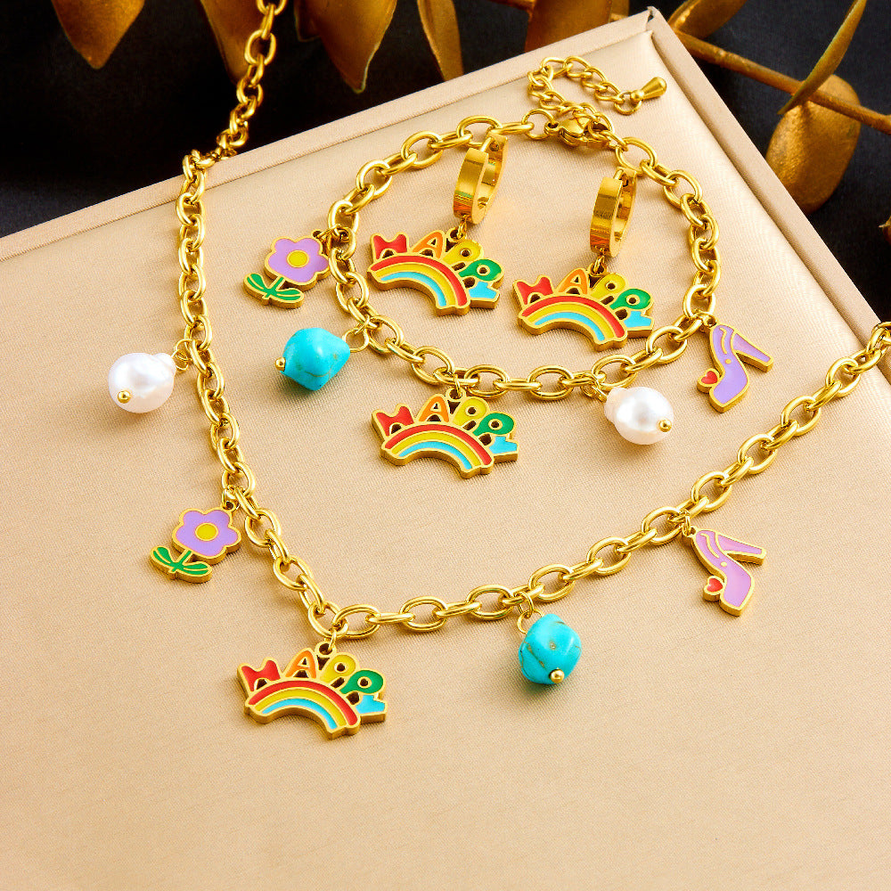 Cartoon Drip Oil Turquoise Floral Stainless Steel Jewelry Set with Cable Chain for Women