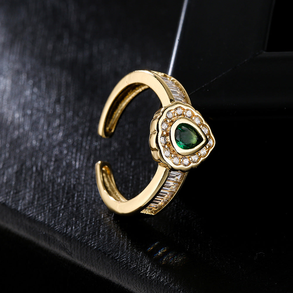 Vintage Geometric Open-Ended Drop-Shaped Ring for Women Made of Brass with 18K Gold Plating and Zircon Inlay