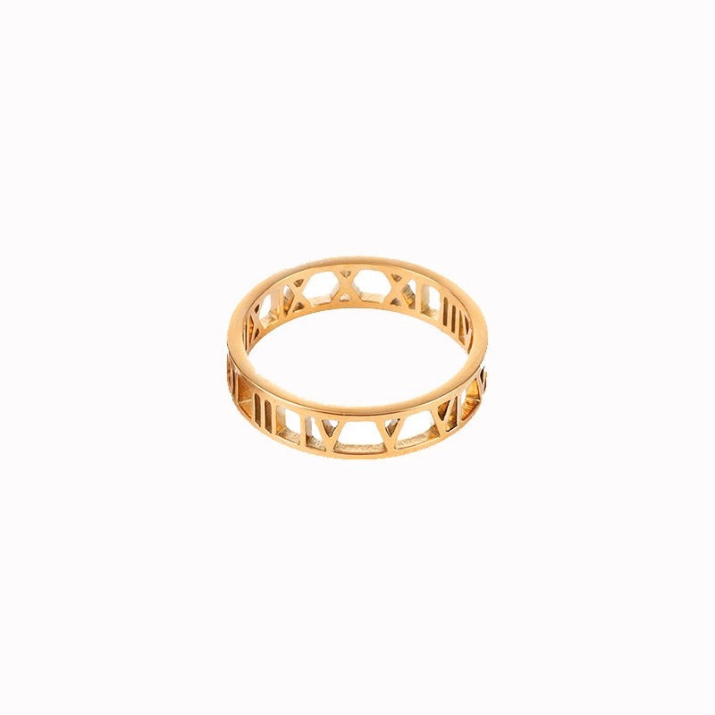 Anello Minimalista in Acciaio al Titanio con Numeri Romani per Uomo e Donna, Design Intagliato e Finitura Placcata