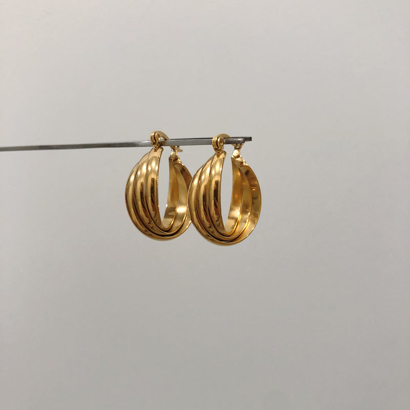 Minimalist Geometric Double-Layer C-Shaped Stainless Steel Hoop Earrings with Plated Finish