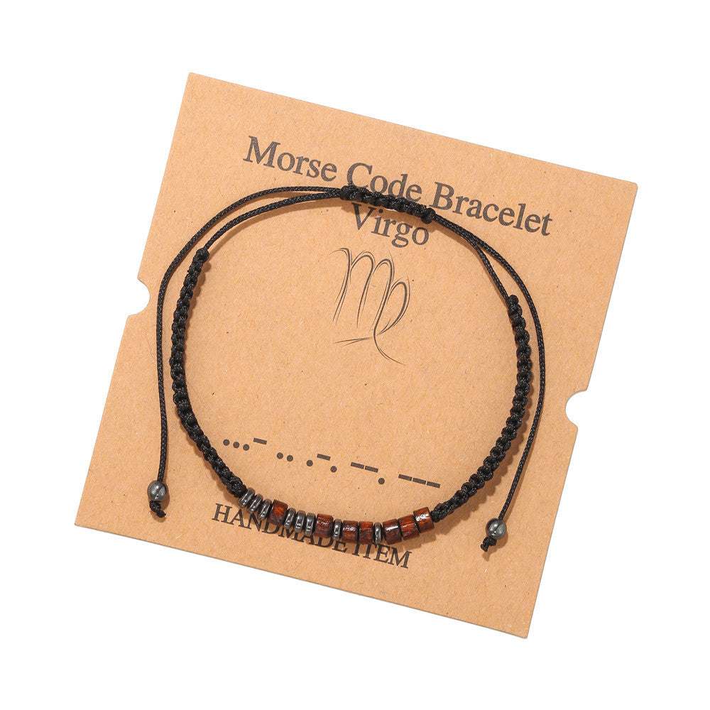 Morse Code Zodiac Wood Beaded Bracelet Round Geometric Unisex