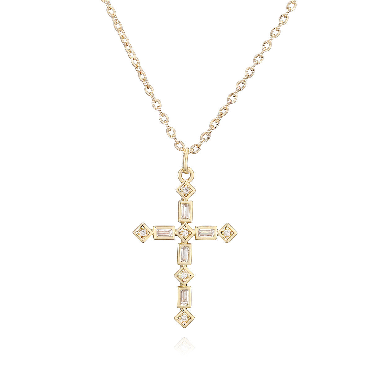 Minimalist 18K Gold Plated Brass Cross Pendant Necklace with Cubic Zirconia for Women
