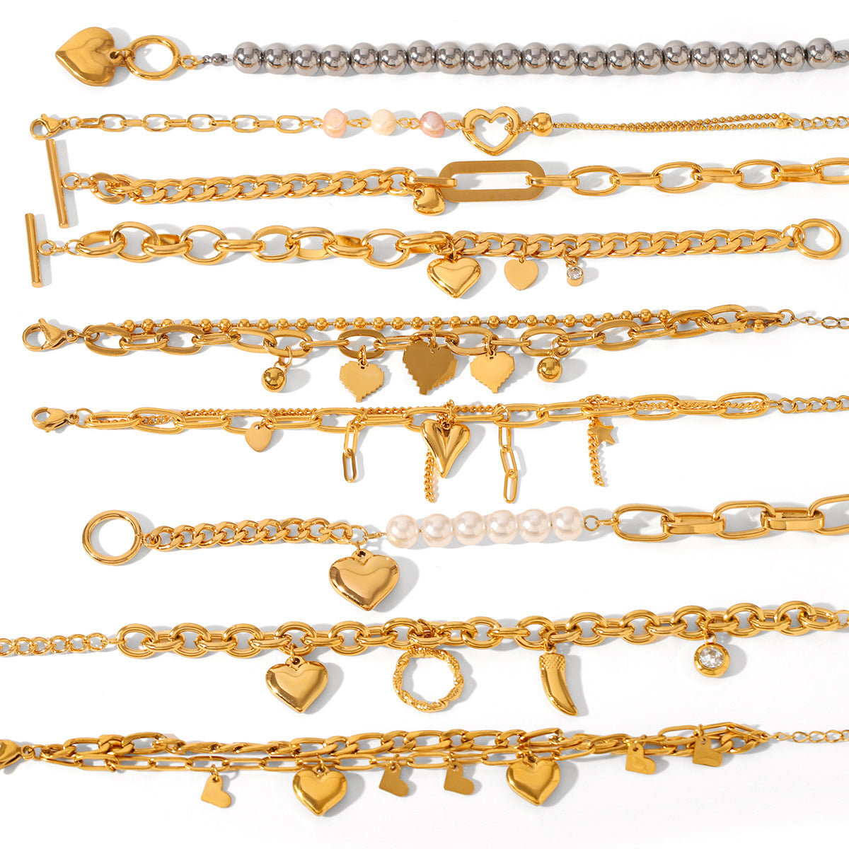 Bracciale Minimalista a Cuore in Acciaio Inossidabile con Dettagli Perla e Chiusura a Gancio per Donna