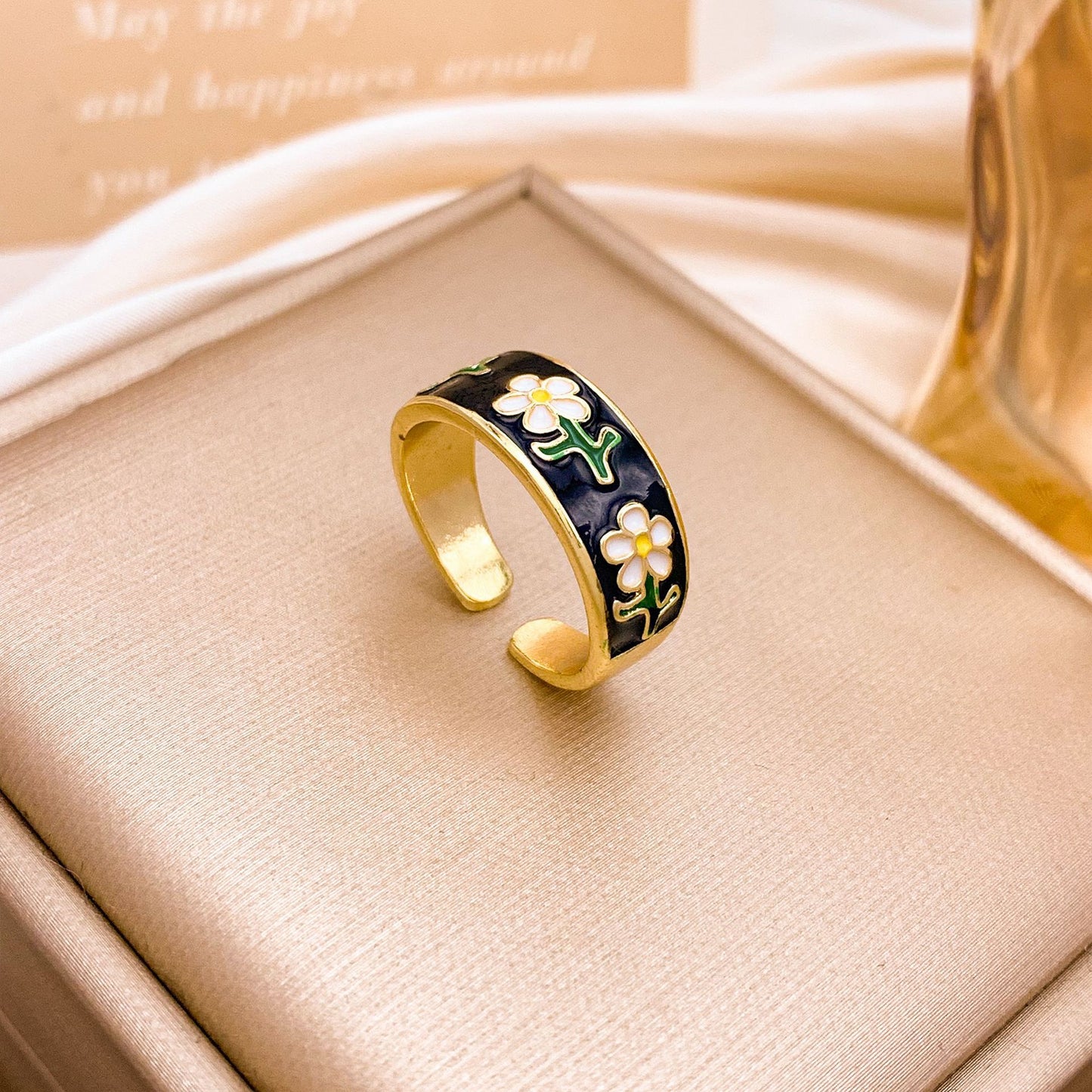 Sweet Minimalist Gold Plated Alloy Ring with Star Moon and Floral Design for Women