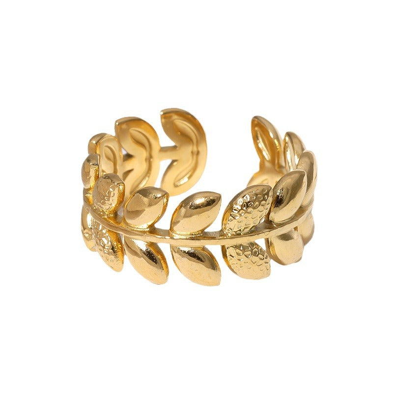 Anello da donna regolabile a fascia aperta in acciaio inossidabile placcato oro 18K a forma di foglia, stile minimalista