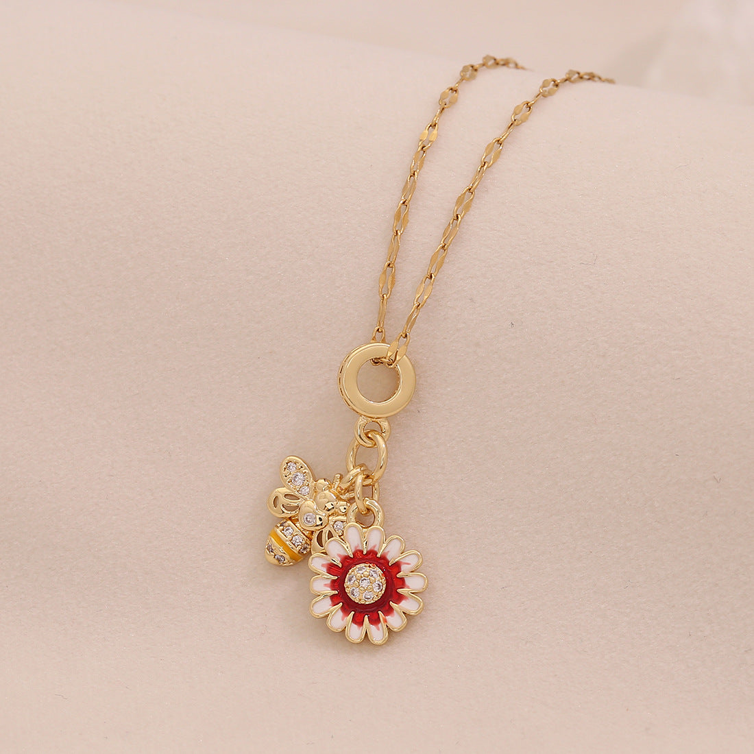 Collana con ciondolo a cuore intarsiato con strass e fiore a margherita in ottone, catena a serpente in acciaio inossidabile da donna, per creazione di gioielli fai-da-te