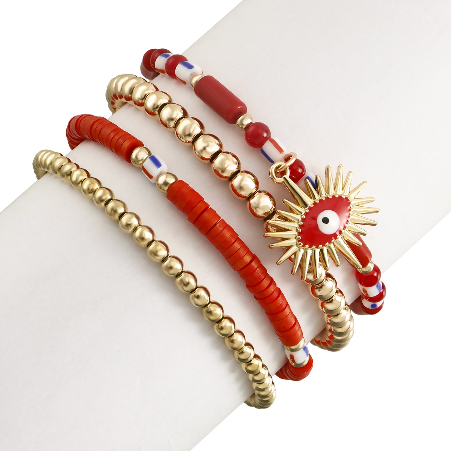 Minimalist Geometric Evil Eye Alloy Bracelet for Women with Plated Finish and Multicolor Polymer Clay Beads