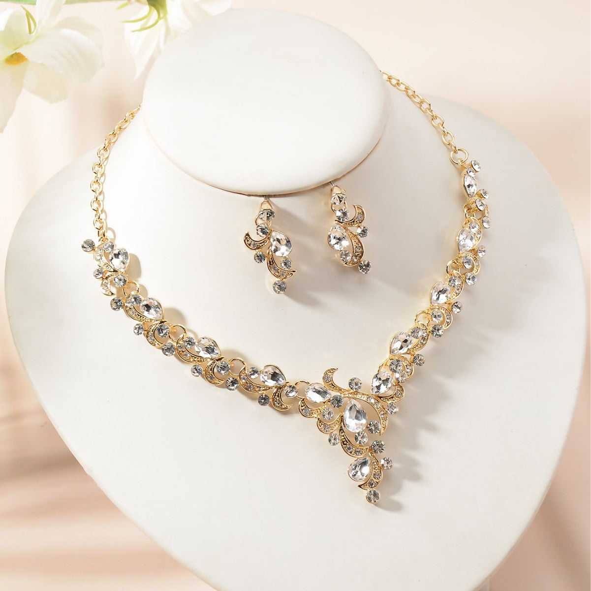 Elegant Rhinestone Floral Plated Necklace and Earrings Set for Women