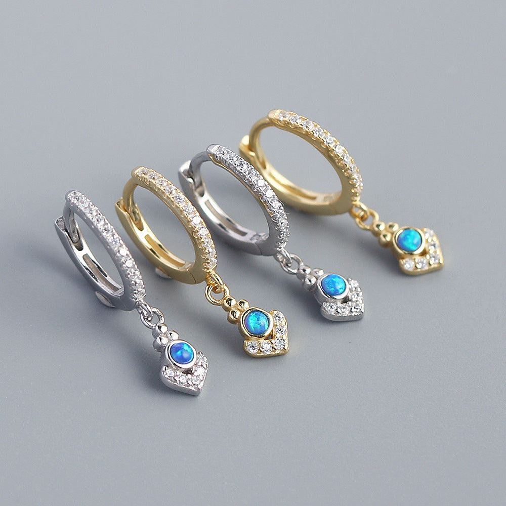 Bohemian Elegant 925 Sterling Silver Geometric Round Triangle Opal Cubic Zirconia Inlay Hoop Earrings