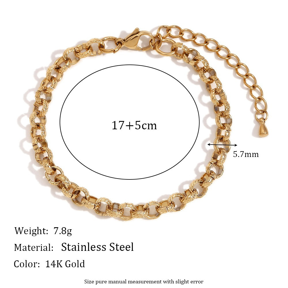 Bracciale da donna a maglie tonde in acciaio inossidabile placcato oro 14K con motivo geometrico minimalista a spiga di grano
