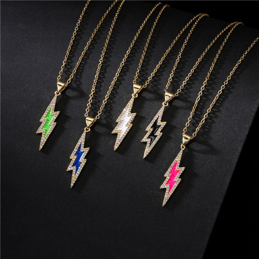 18K Gold Plated Brass Geometric Lightning Bolt Pendant Necklace with Cubic Zirconia and Drip Oil Detail on Cable Chain
