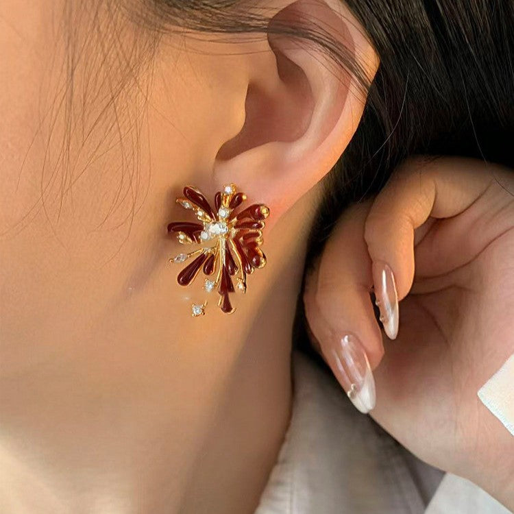 Pendientes de tuerca con forma floral de esmalte y circonita con diseño de fuegos artificiales, estilo "Old Money" vintage para mujer