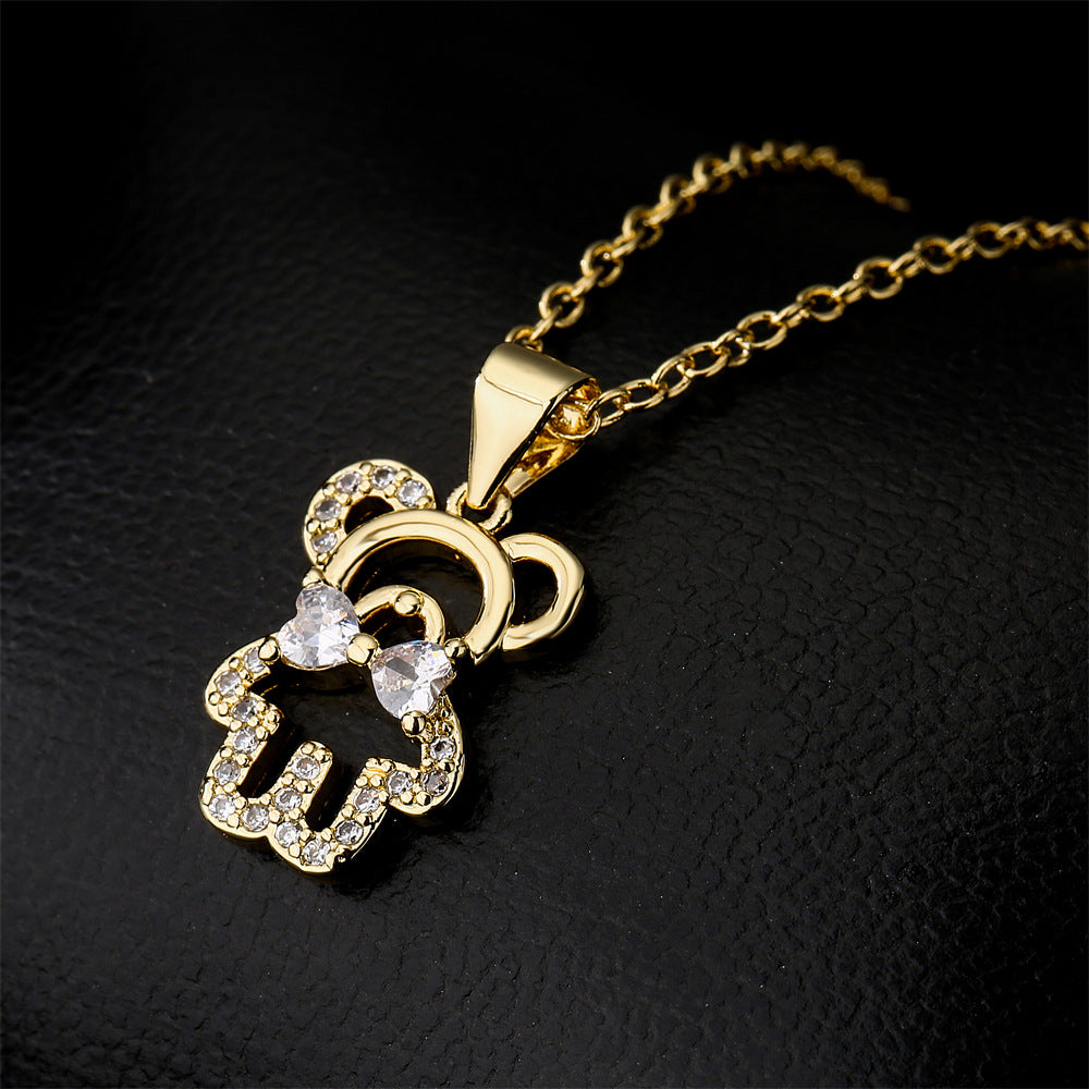 Minimalist Hollow Bear Pendant Necklace in Copper with 18K Gold Plating and Zircon Inlay