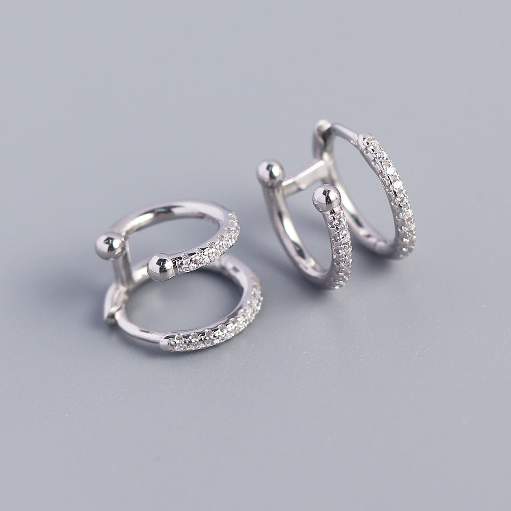 925 Sterling Silver Double Round Geometric Hoop Earrings with Micro-Set Cubic Zirconia