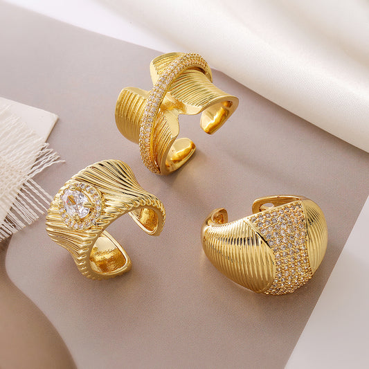Minimalist Geometric Open Ring for Women Made of Brass with Real Gold Plating and Zircon Inlay
