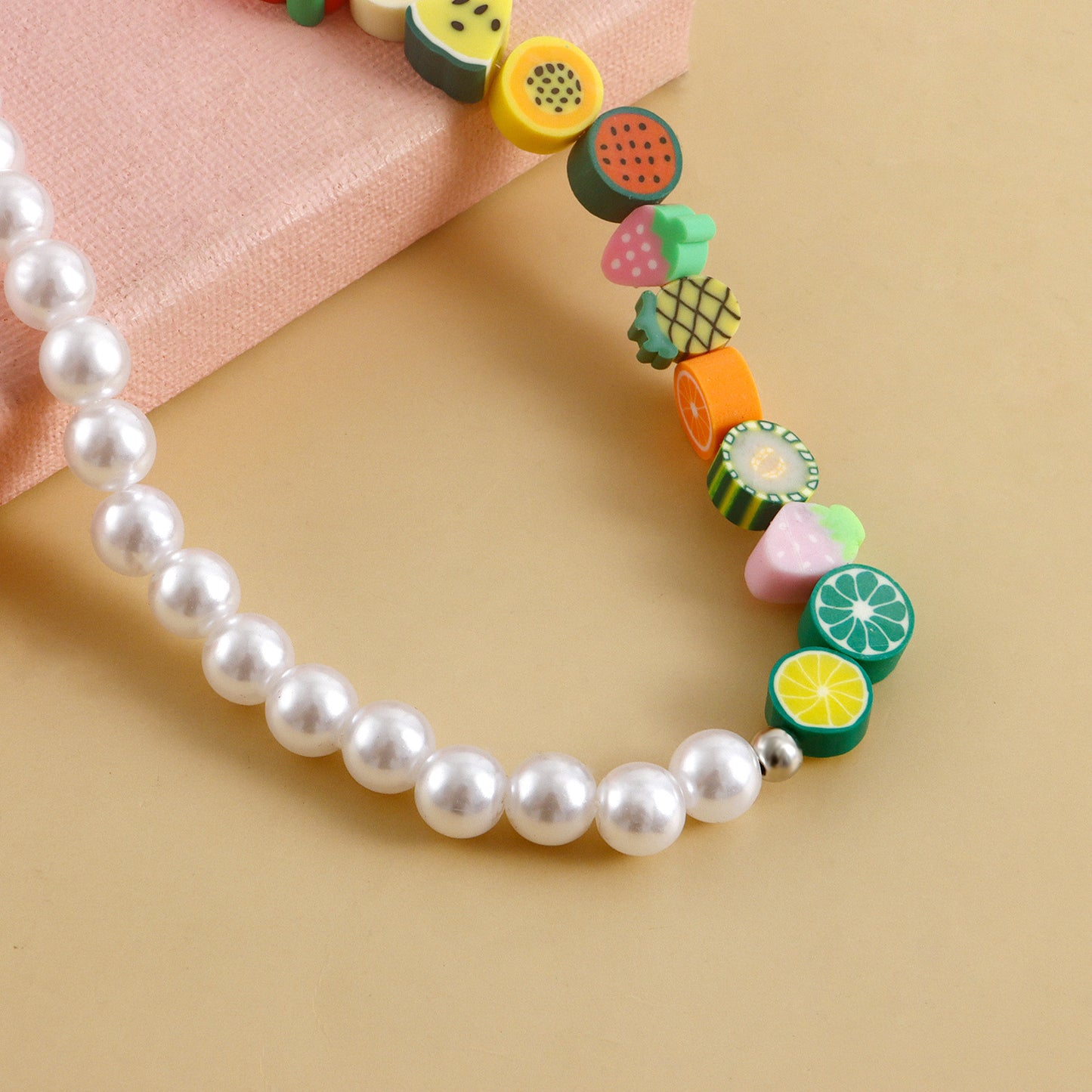 Minimalist Geometric Alloy Anklet with Colorful Polymer Clay Fruit and Imitation Pearl Accents for Women
