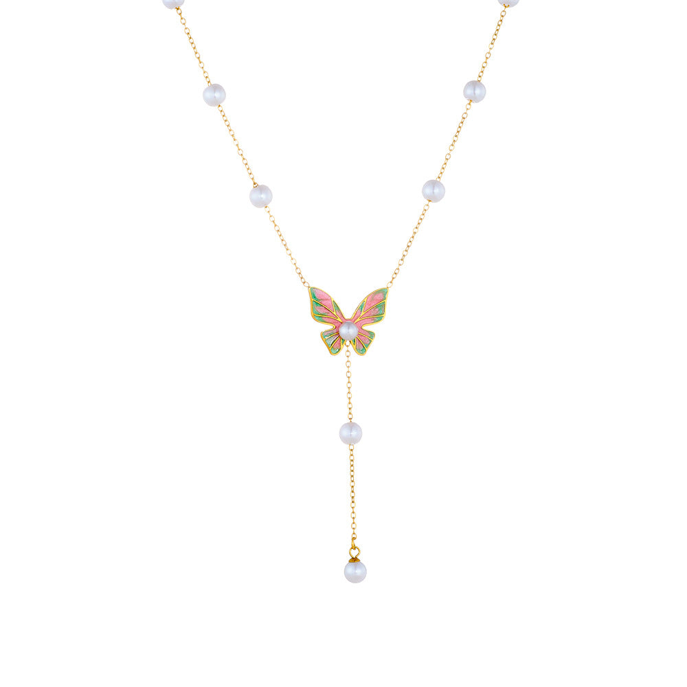 Minimalist Butterfly Pendant Necklace with Enamel Coloring and Pearl Accents on Stainless Steel Snake Chain for Women