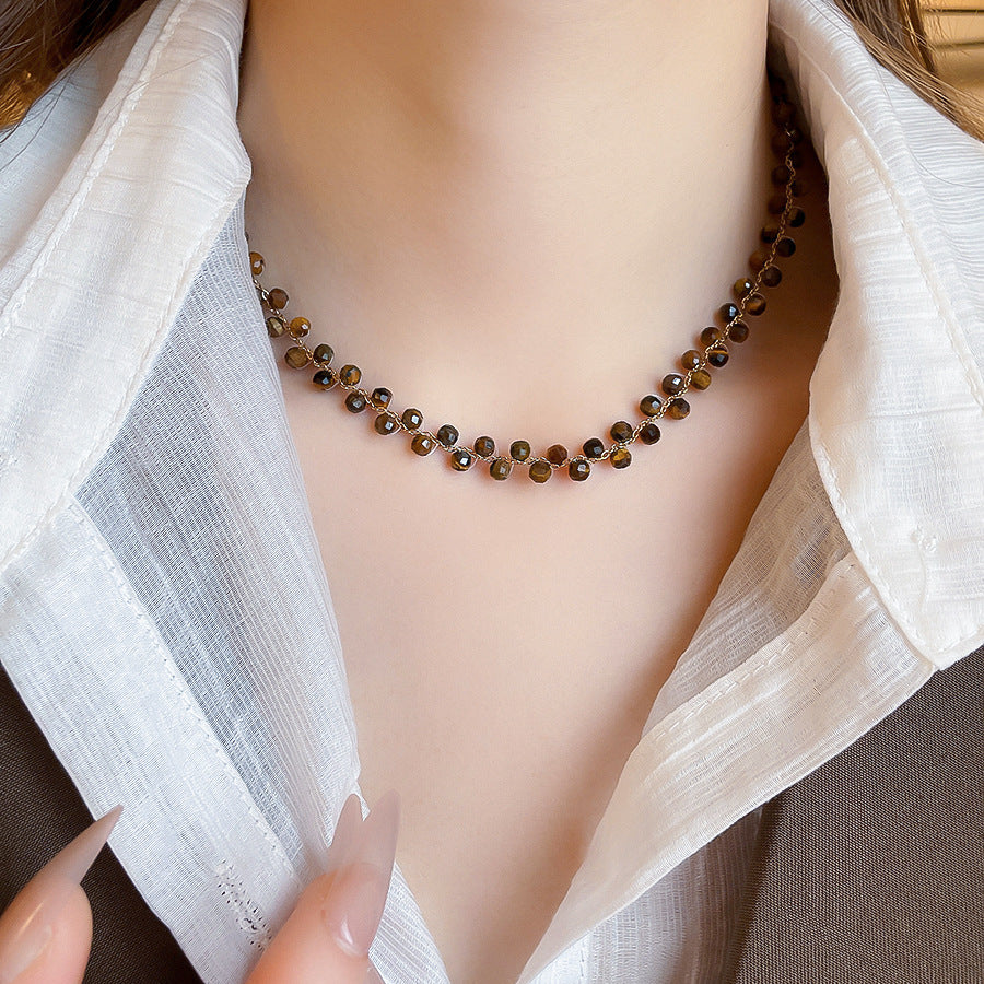 Collana con Ciondolo Vintage a Occhio di Tigre Geometrico Placcata Oro 18K Lunga per Maglione da Donna