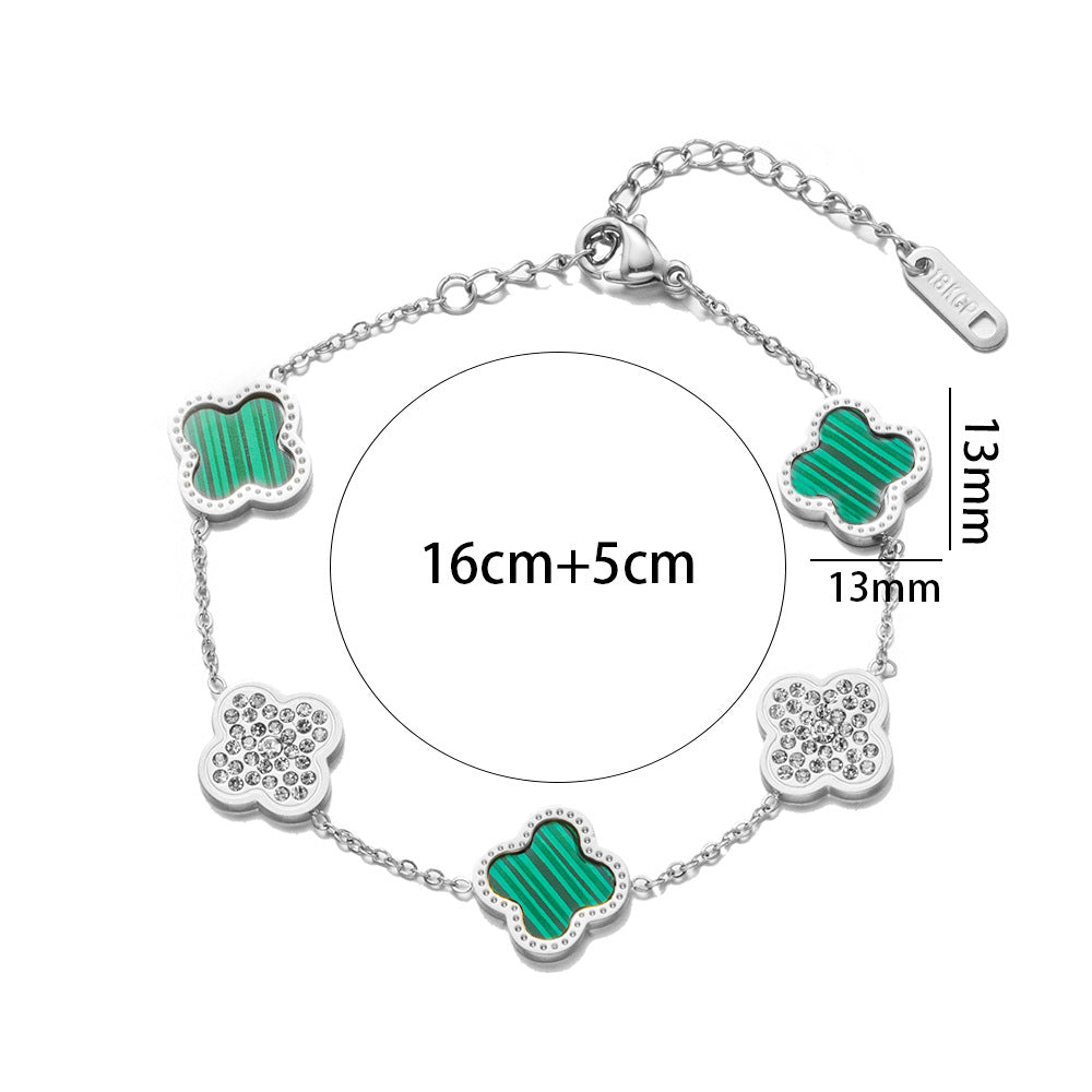 Fashion 18K Rose Gold Plated Titanium Steel Four-Leaf Clover Rhinestone Bracelet for Women