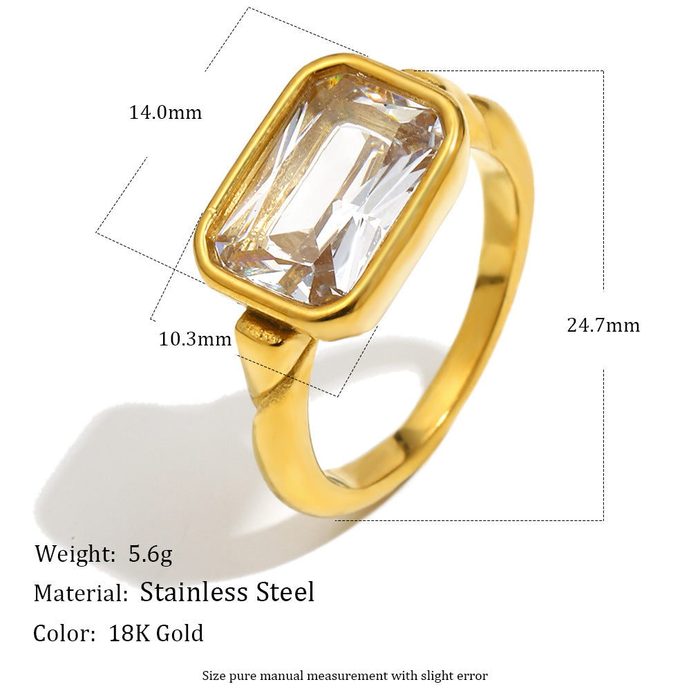Minimalist 18K Gold Plated Stainless Steel Rectangle Geometric Cubic Zirconia Ring for Women
