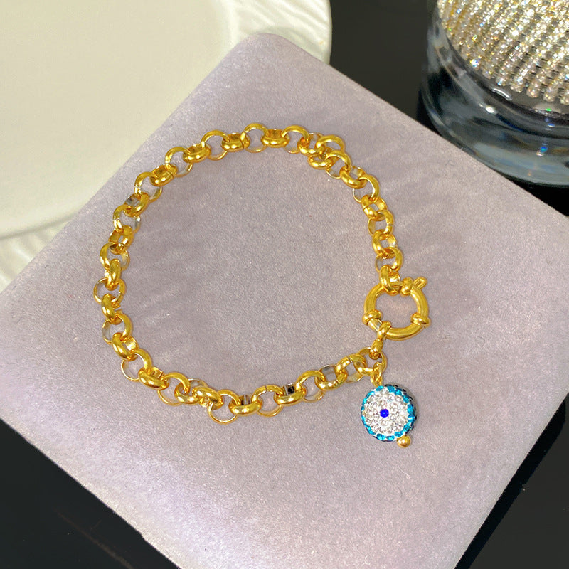 Luxury Rhinestone Inlaid Geometric Eye Cuban Link Chain Charm Bar Titanium Steel Bracelet
