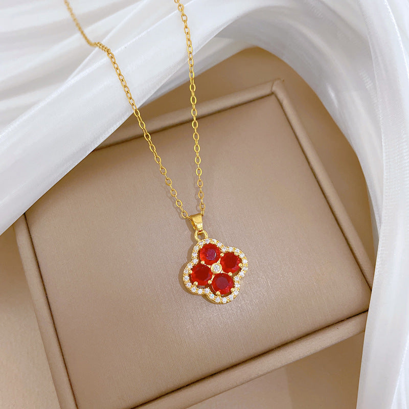 Sweet Full Rhinestone Inlaid Floral Geometric Titanium Steel Necklace with Brass Pendant Cable Chain for Unisex