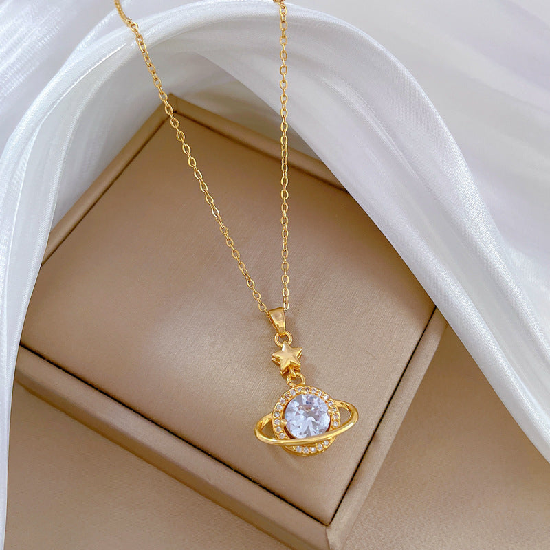 Sweet Elegant Geometric Moon Rhinestone Plated Titanium Steel Necklace for Unisex