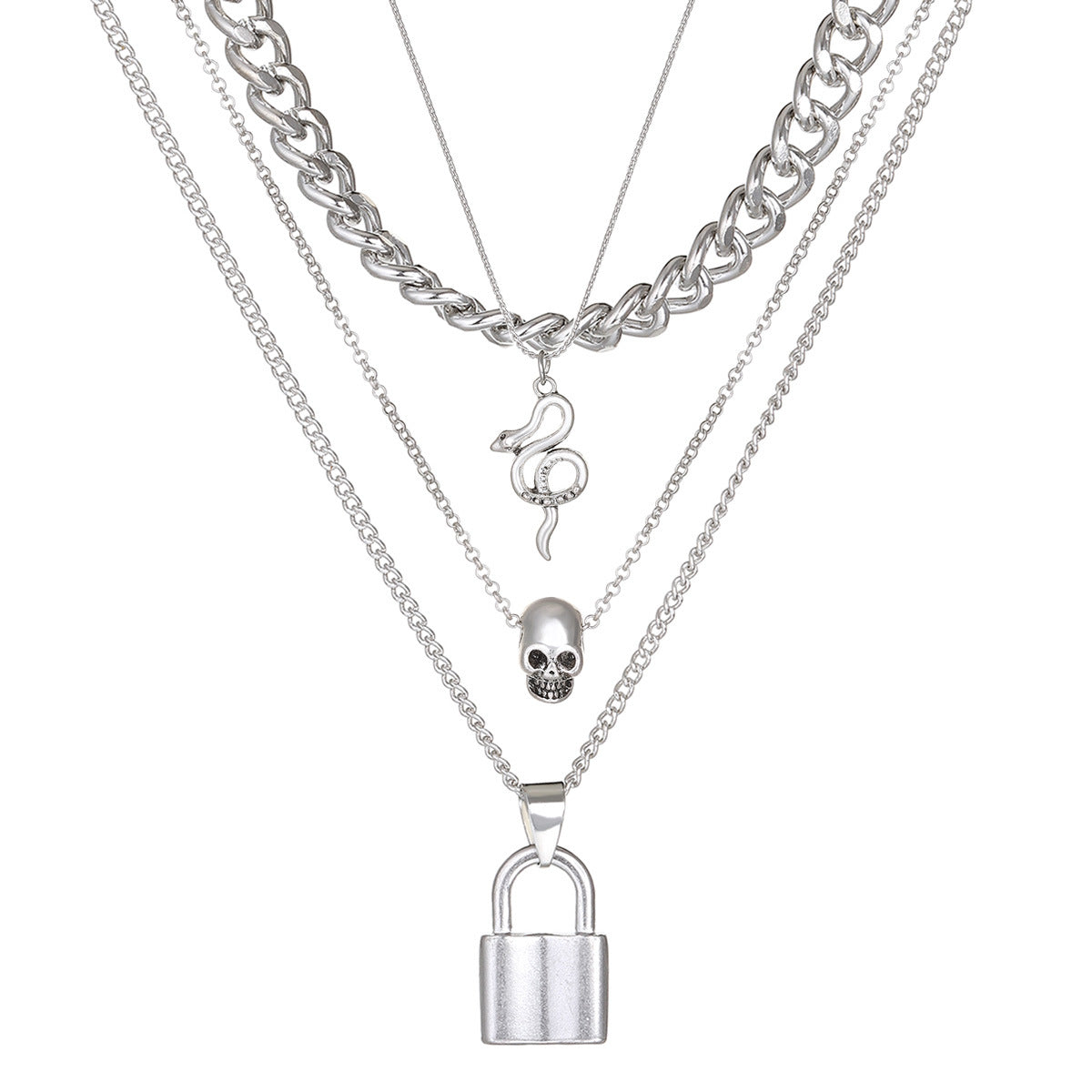 Vintage Creative Skull Pendant Necklace with Multi-Layer Thick Snake Chain in Alloy with Plating Finish for Women