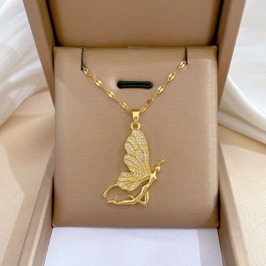 Collana da donna a farfalla in acciaio al titanio con finitura placcata, ciondolo geometrico, elegante catena per clavicola per feste di matrimonio e occasioni formali