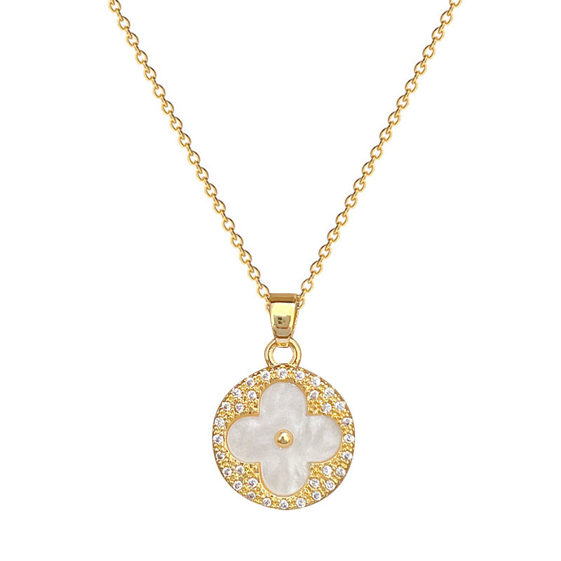 Luxury Titanium Steel Clover Shell Pendant Necklace and Earrings Set with Geometric Design for Women