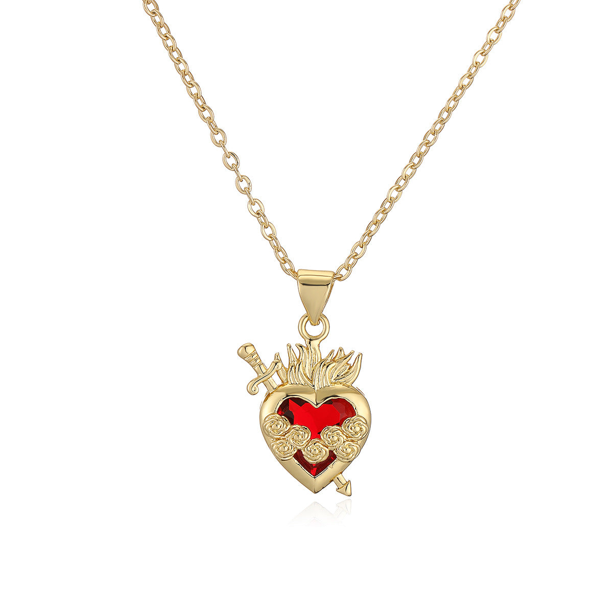Fashionable Heart-Shaped Copper Pendant Necklace with 18K Gold Plating and Red Zircon for Women