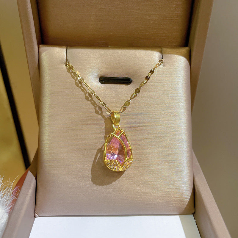 Collana Minimalista con Catena a Labbra in Acciaio al Titanio con Pendente in Rame e Intarsio di Strass