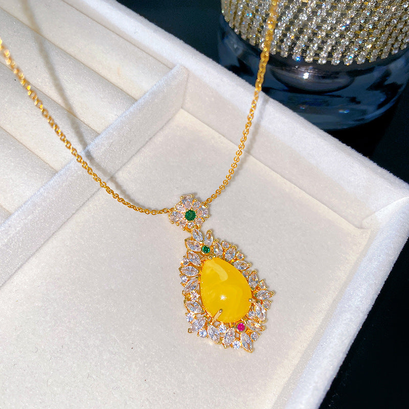 Sweet Sporty Heart Fruit Lemon Yellow Agate Inlay Brass Pendant Titanium Steel Plated Cable Chain Necklace